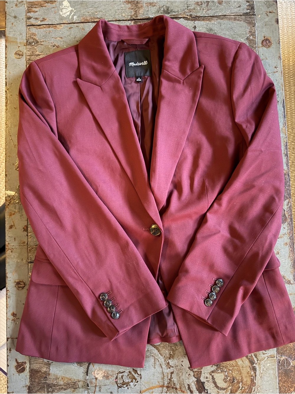 Madewell Cabernet Recycled Wool Blend Single-Button Blazer w Slight Shoulder Pad